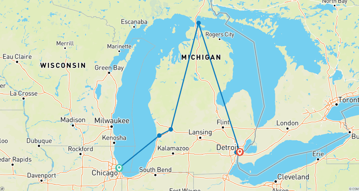 Mapa trasy: Mackinac Island featuring the Tulip Time Festival (Chicago, IL to Detroit, MI)