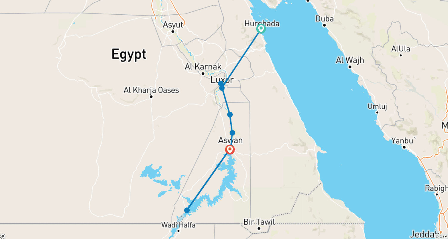 Mapa do percurso de Majestoso Cruzeiro de 5 Dias no Nilo: De Luxor a Aswan com Passeios e Abu Simbel Partindo de Hurghada