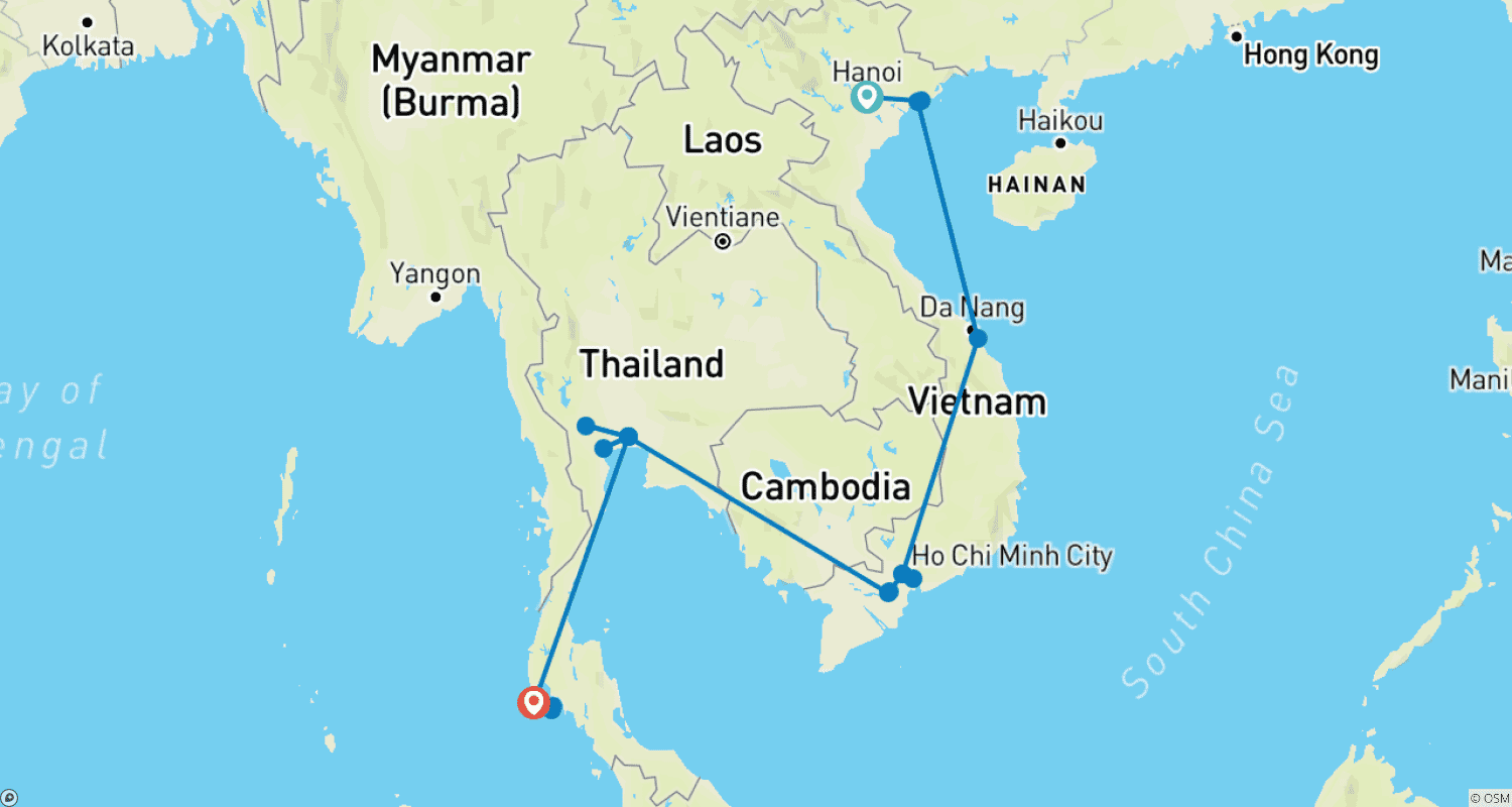 15日間 ベトナム&タイの美しい旅(プライベートガイド&ドライバー付き)のルートマップ