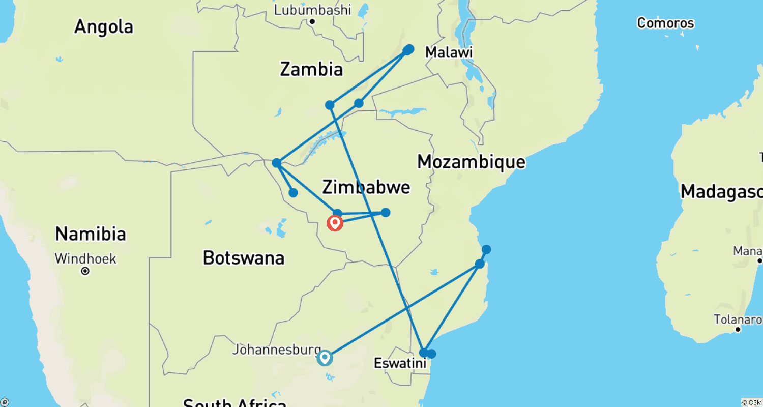 Mapa trasy: 20-dniowa Przygoda: Plaże, Safari i Cuda Kultury