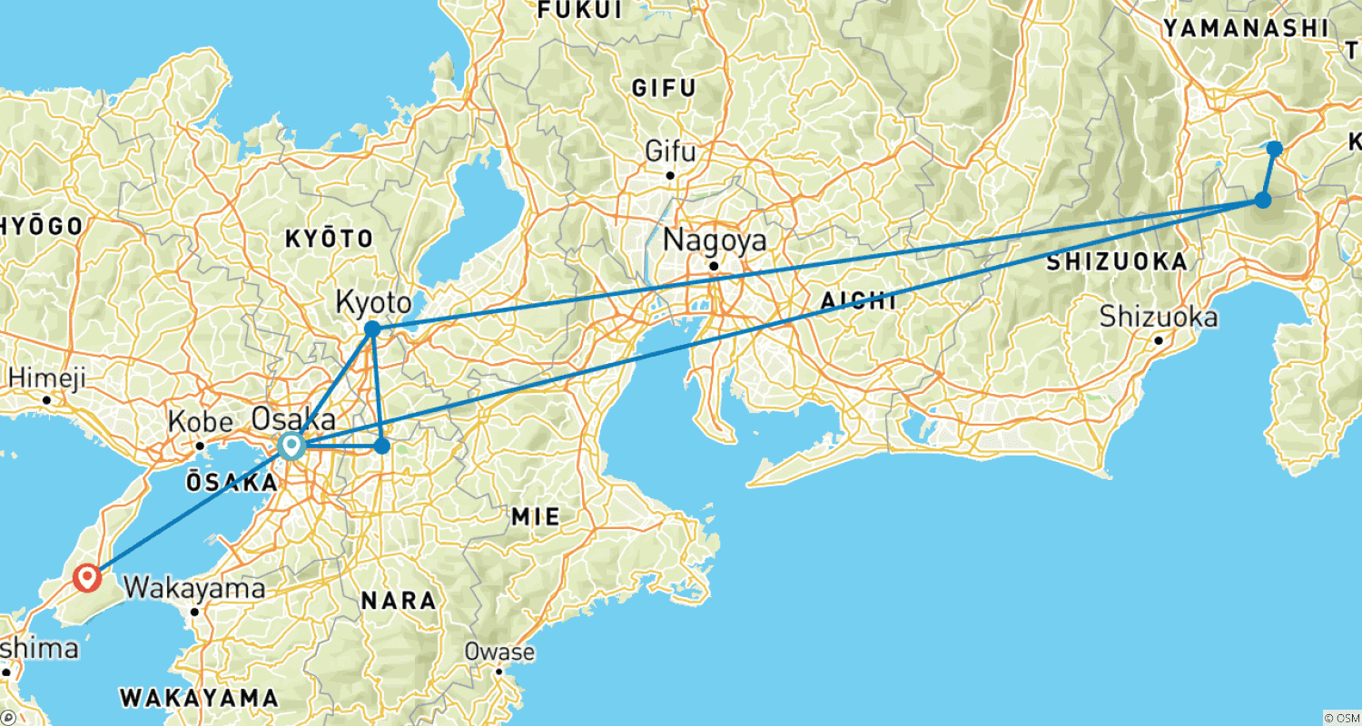 Mapa do percurso de 【Japão】Pacote de 11 Dias de Grande Luxo em Osaka, Quioto, Nara e Ilha Awaji com experiência em Campo de Golfe