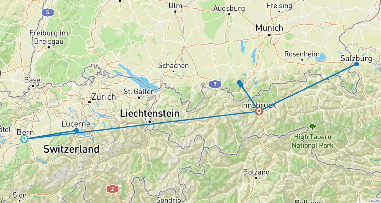 Mapa do percurso de Descubra a Suíça, Áustria e Baviera (Berna a Innsbruck) (2025)