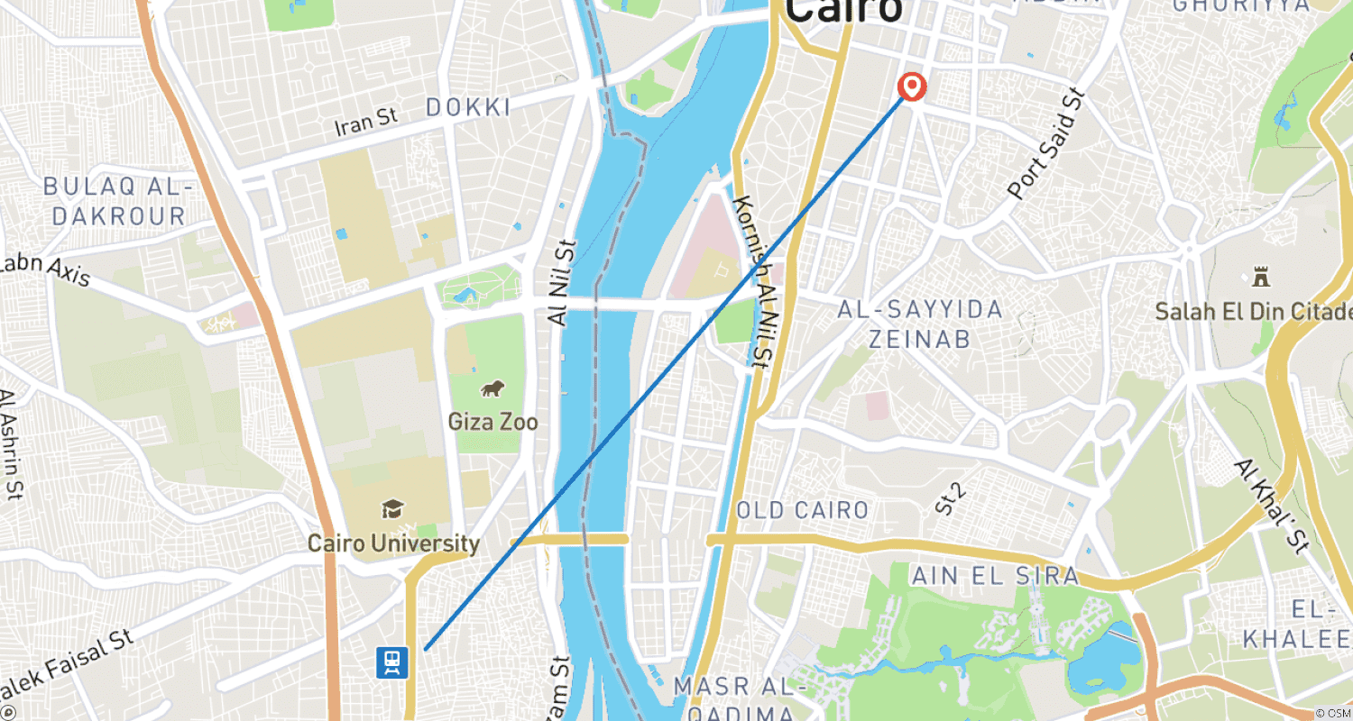 Mapa do percurso de Private Full-Day Giza Pyramids, Sphinx, Egyptian Museum and Bazaars From Cairo