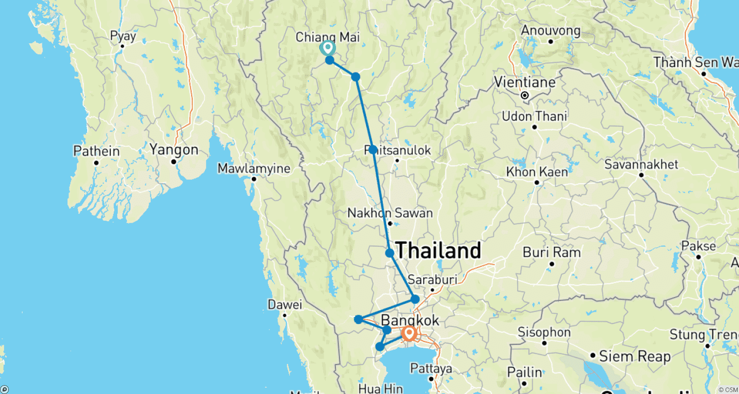タイの秘宝 8日間 - チェンマイから南部へ（少人数グループツアー）(その他の言語)のルートマップ