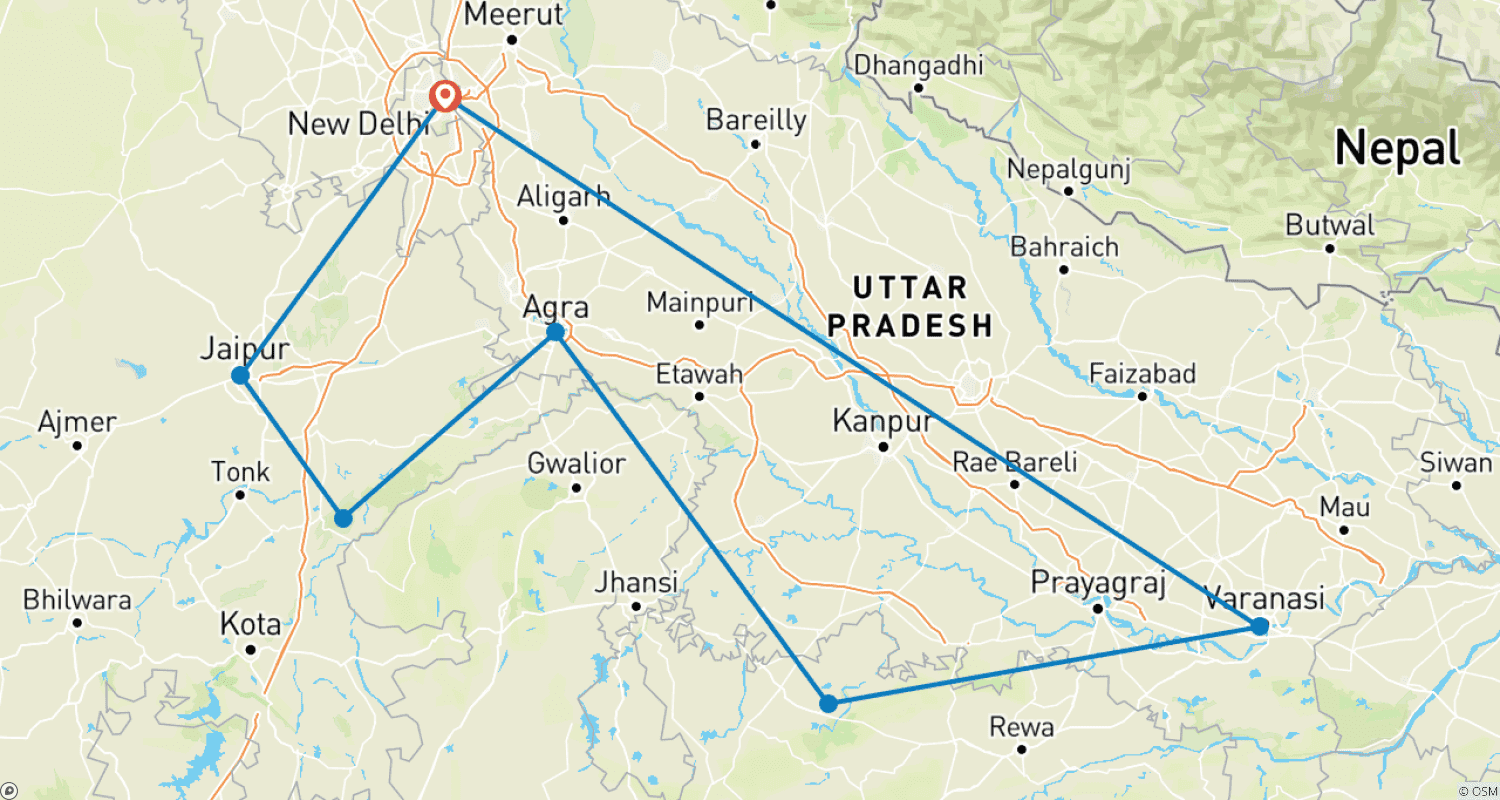 خريطة مسار Mysteries of India  (Delhi to Varanasi) (2026)