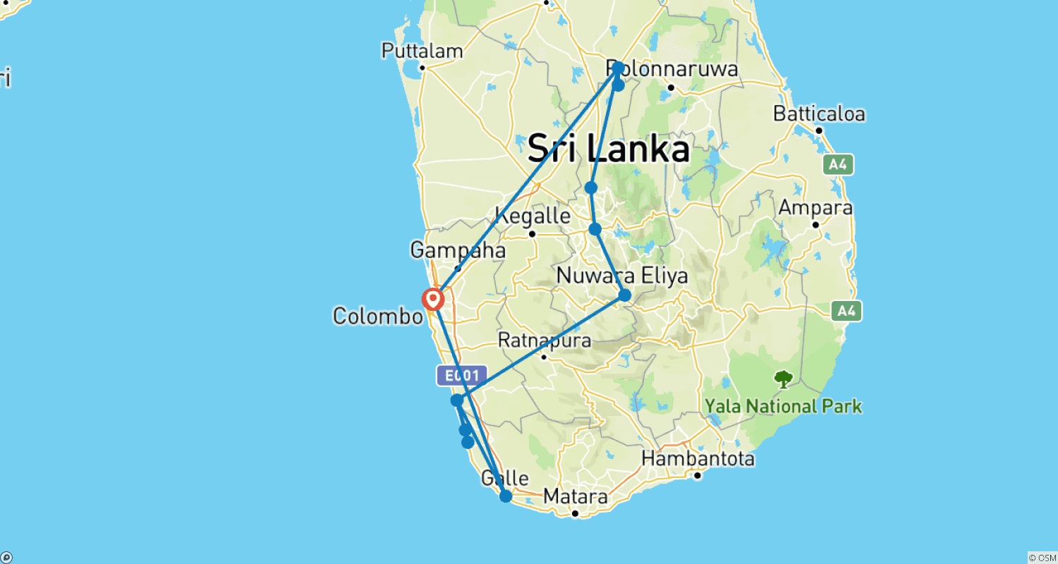 Mapa do percurso de A Rica Herança do Sri Lanka, Rotas do Chá, Trem Panorâmico, Vida Selvagem e Praias Com Refeições