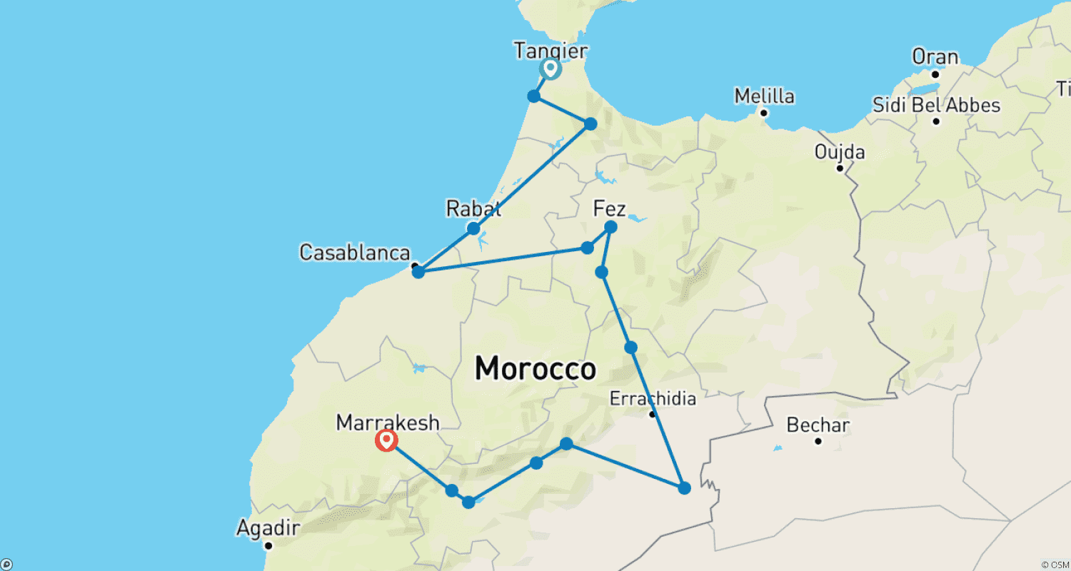 Mapa trasy: 7-dniowa wycieczka po Maroku z Tangeru