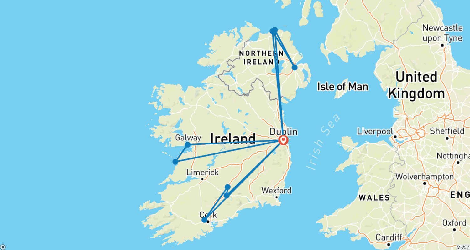 خريطة مسار 5 أيام في دبلن تشمل Giants Causeway وCliffs of Moher وGalway City وCahir Castles