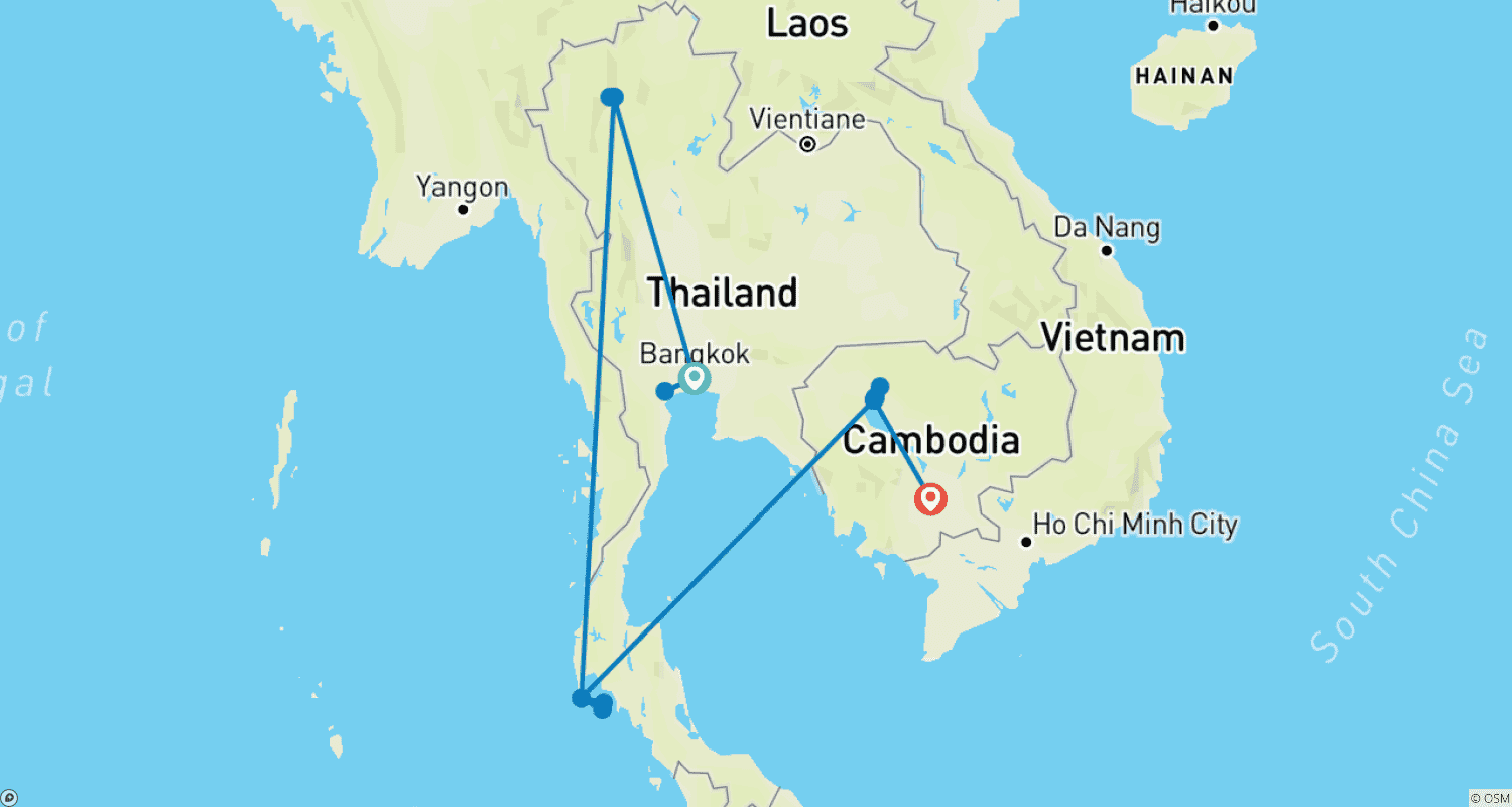 タイとカンボジアの文化遺産を巡る15日間(プライベートガイド&ドライバー付き)のルートマップ