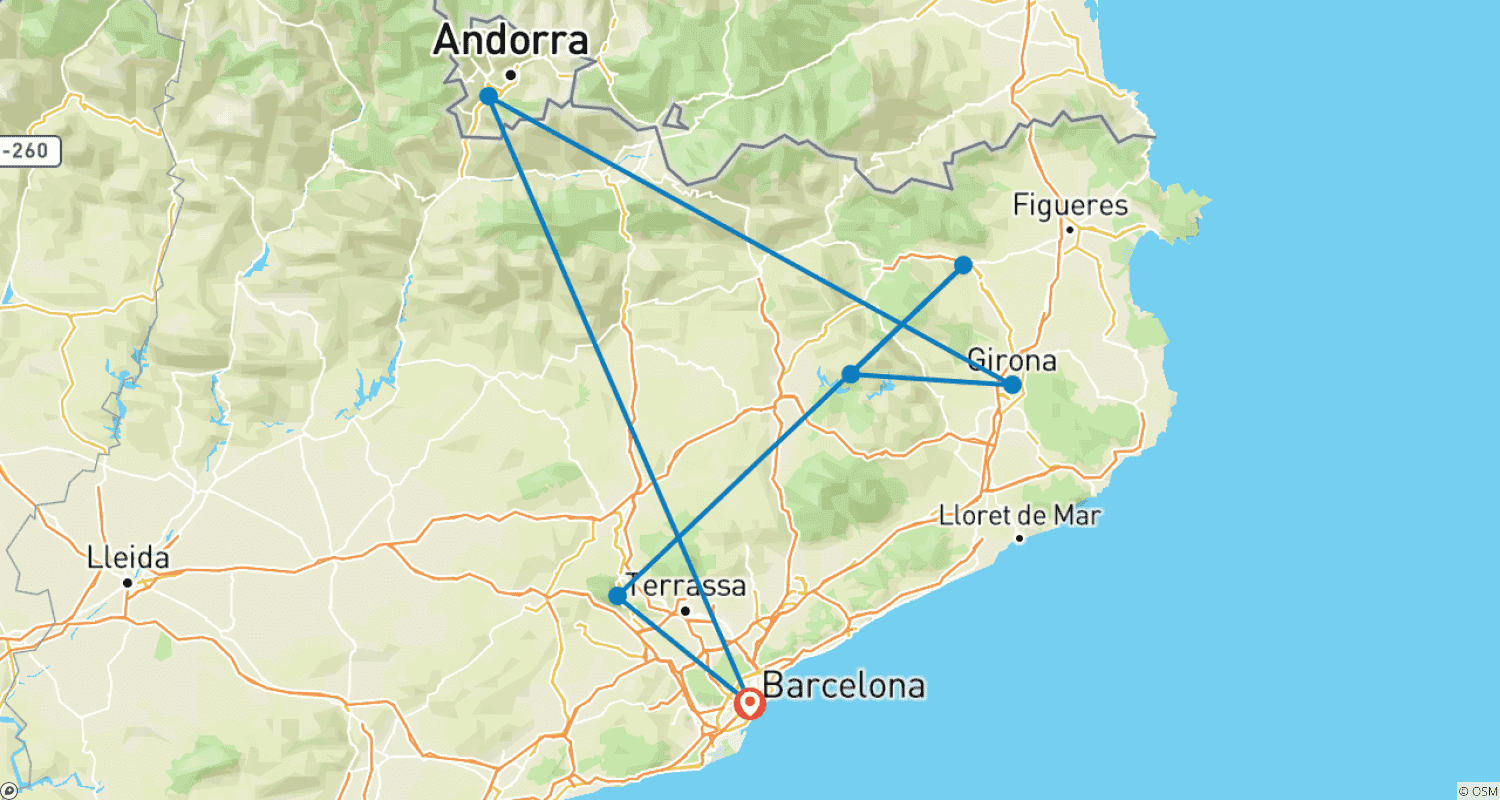 Mapa trasy: 6-dniowa Barcelona, w tym Montserrat, Besalú, Rupit, Girona i Andora