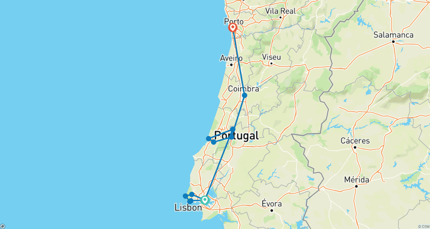 Mapa trasy: Lizbona, Fátima i Porto