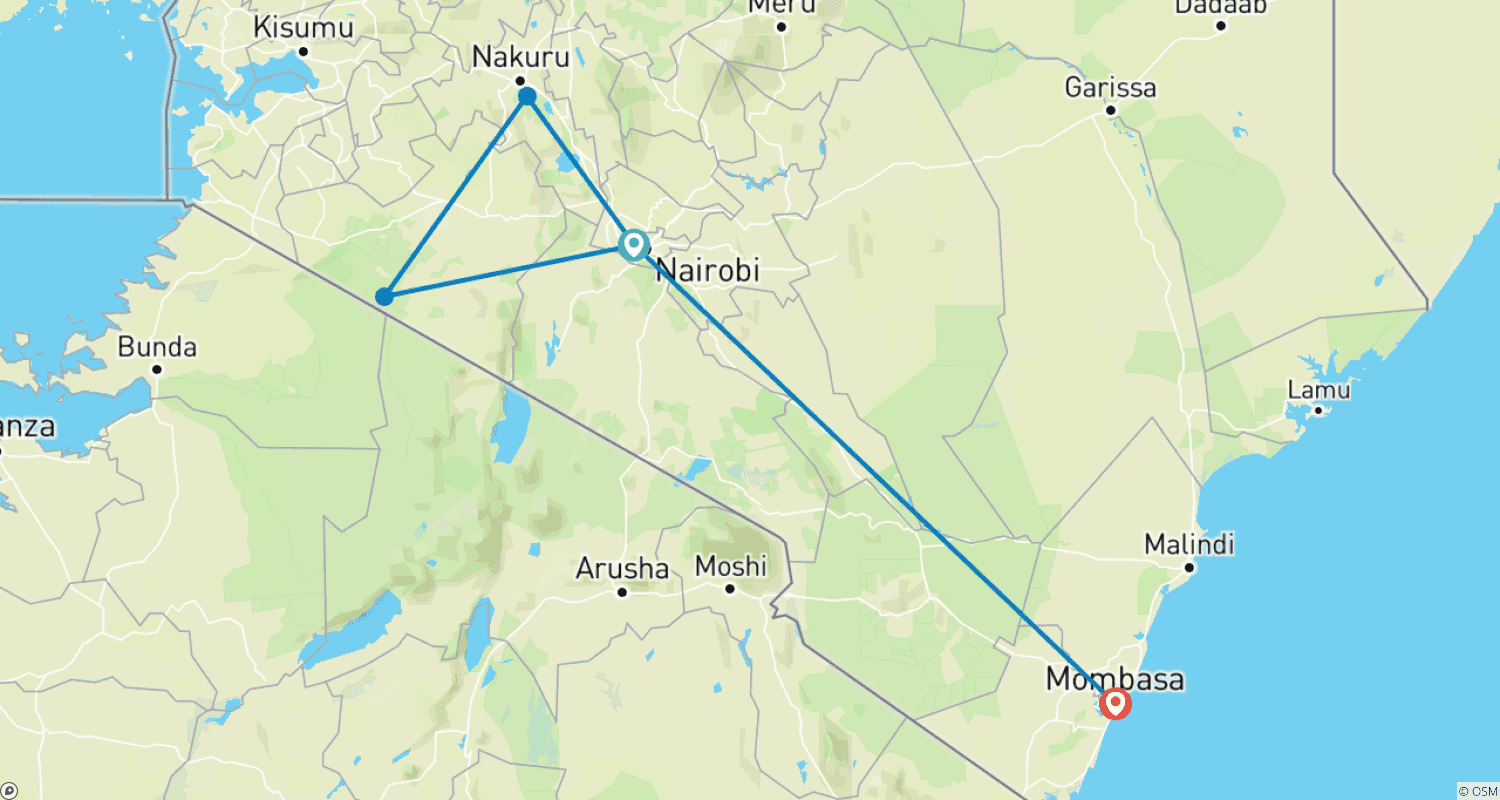Mapa do percurso de Aventura de Safari Queniano de 10 Dias e Refúgio Tranquilo na Praia de Mombasa