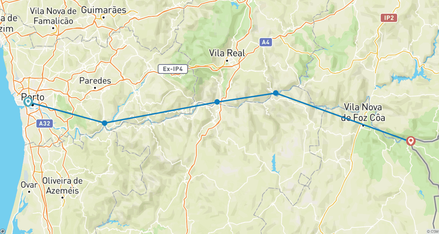 Mapa do percurso de Sabores de Portugal e Espanha 2025 Início no Porto, Fim em Vega de Terrón