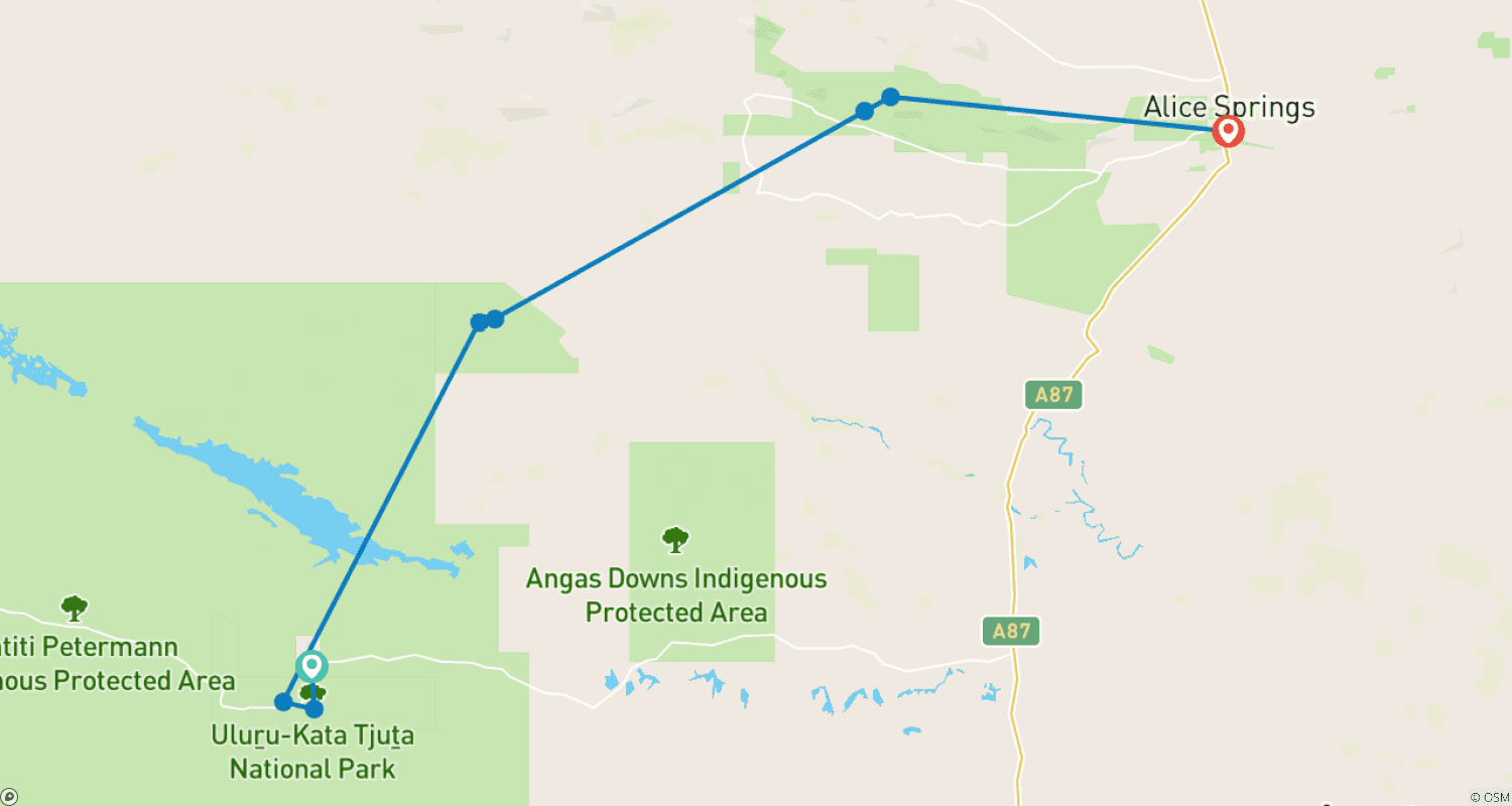خريطة مسار 4 Day Red Centre Uluru to West MacDonnell 4WD Tour - from Ayers Rock to Alice Springs