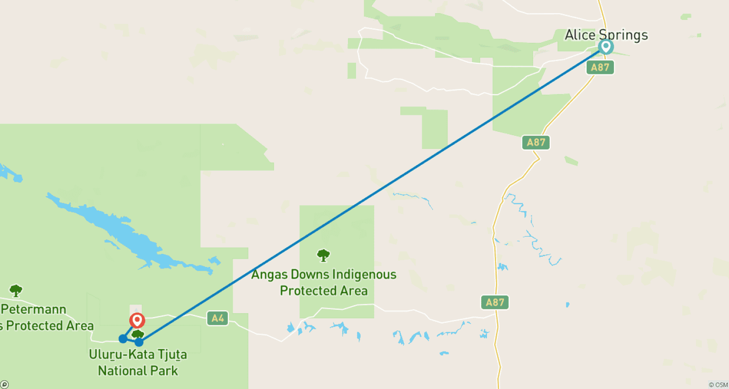 Mapa trasy: 2-dniowa wycieczka do Uluru-Kata Tjuta – Z Alice Springs do Yulary