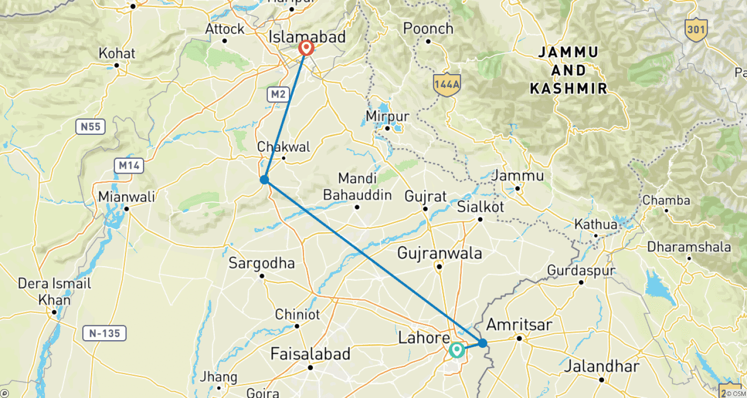 Mapa do percurso de Passeio Cultural por Lahore e Islamabad