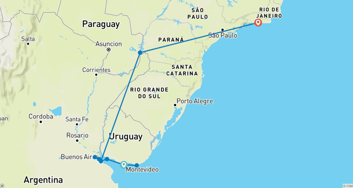 Mapa do percurso de Uruguai, Argentina e Brasil - Viagem de 14 Dias: Mosaico Sul-Americano