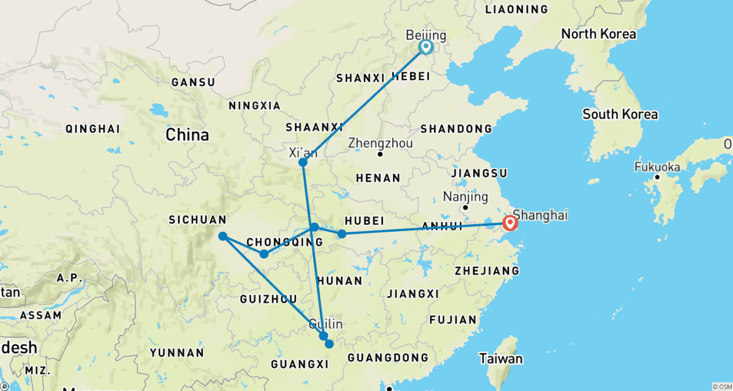 Mapa do percurso de 15 Dias de Férias Clássicas na China: Grupo Pequeno de Luxo e Hotéis, Espetáculo Acrobático e de Dança