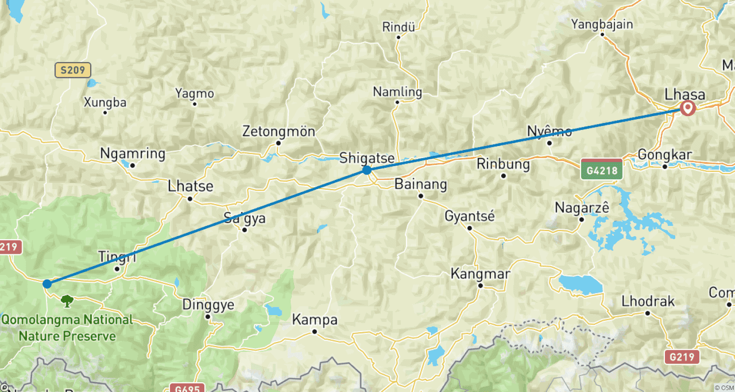 خريطة مسار 8 Days Classic Tibet Tour from Lhasa to Everest Base Camp