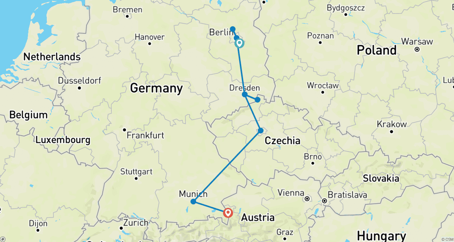 خريطة مسار Germany and Czech in 10 days (Covering Berlin, Dresden, Prague and Munich)
