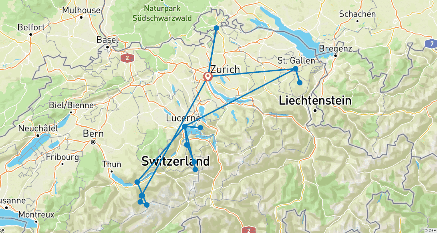 Mapa trasy: Switzerland adventure in 9 days - (Zurich, St. Gallen/Appenzell, Interlaken and Lucerne)