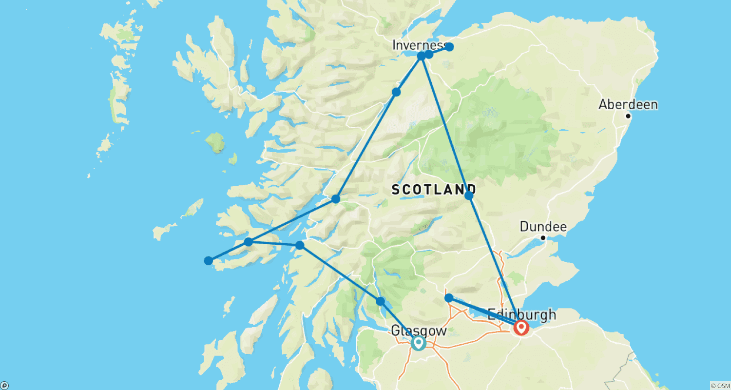 Scotland: Land of Lore & Legend featuring the Royal Edinburgh Military Tattoo (Glasgow to Edinburgh)のルートマップ