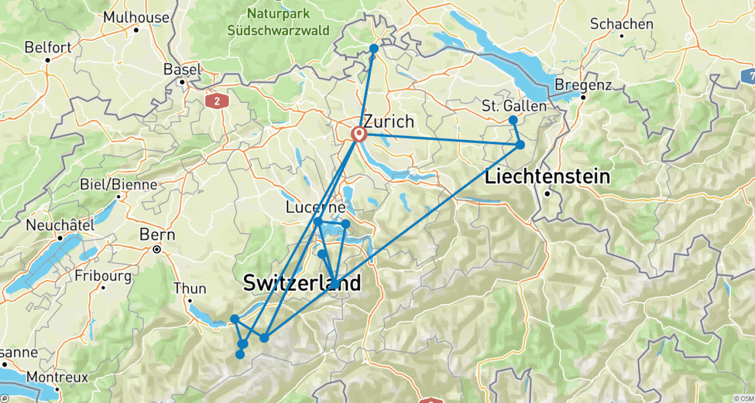 Mapa trasy: Rustykalna Szwajcaria 9 dni (Obejmująca Zurych, Appenzell, Engelberg i Grindelwald)