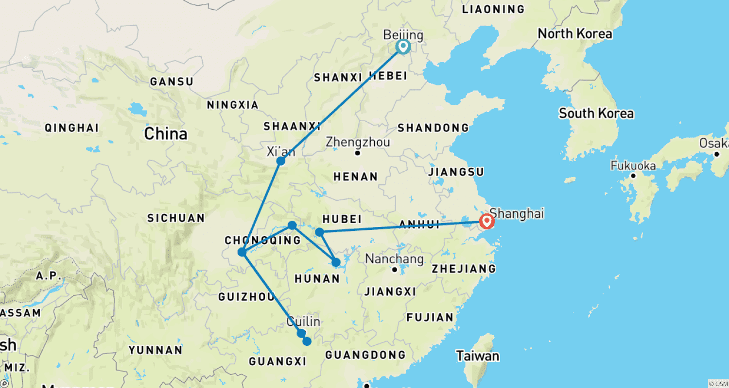 14日間 中国長江クルーズと漓江の旅(プライベートガイド&ドライバー付き)のルートマップ