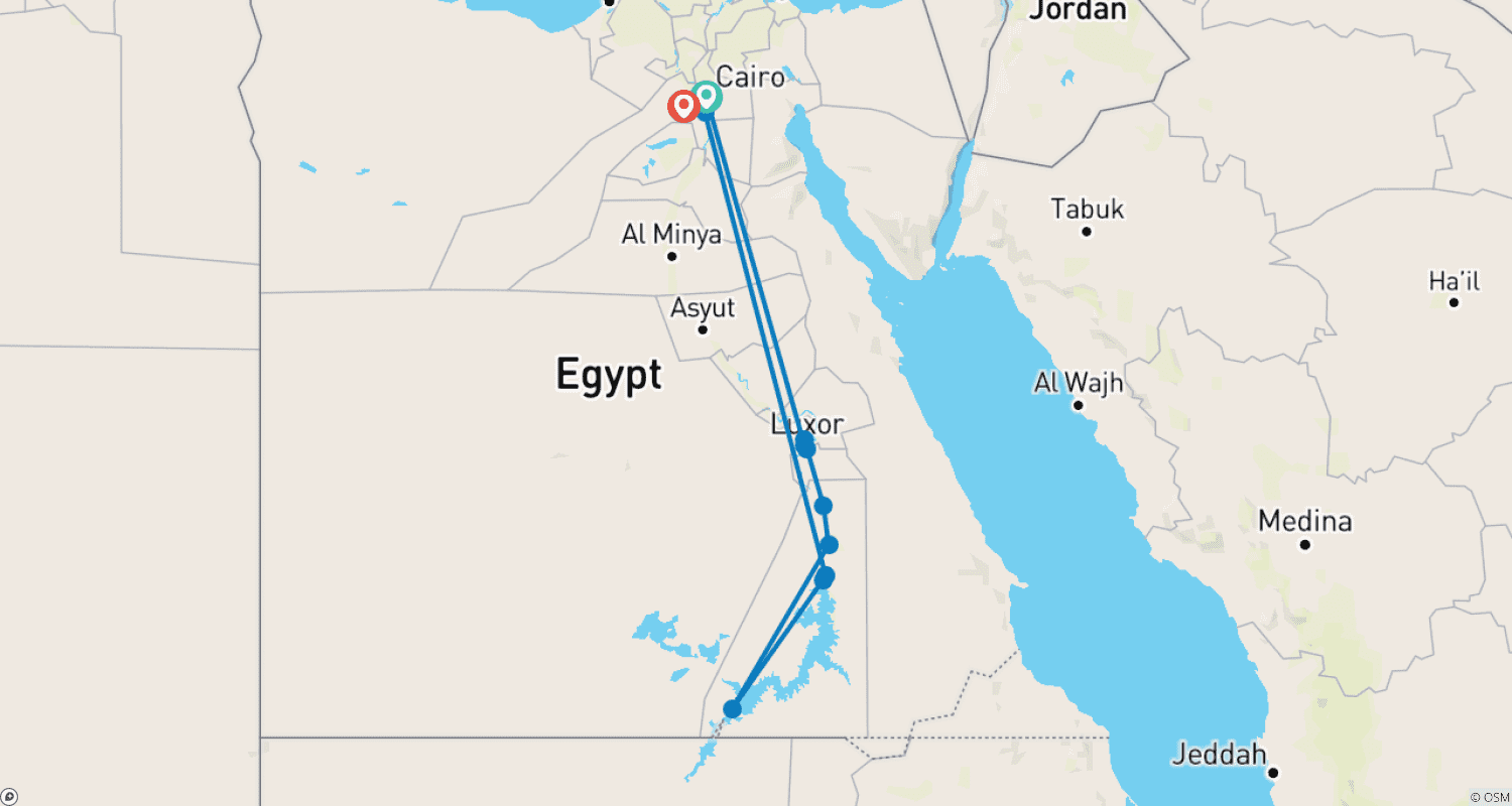 خريطة مسار 6 أيام مصر - أهرامات القاهرة، رحلة نيلية لمدة 4 أيام من أسوان إلى الأقصر وأبو سمبل بالقطار النائم من القاهرة