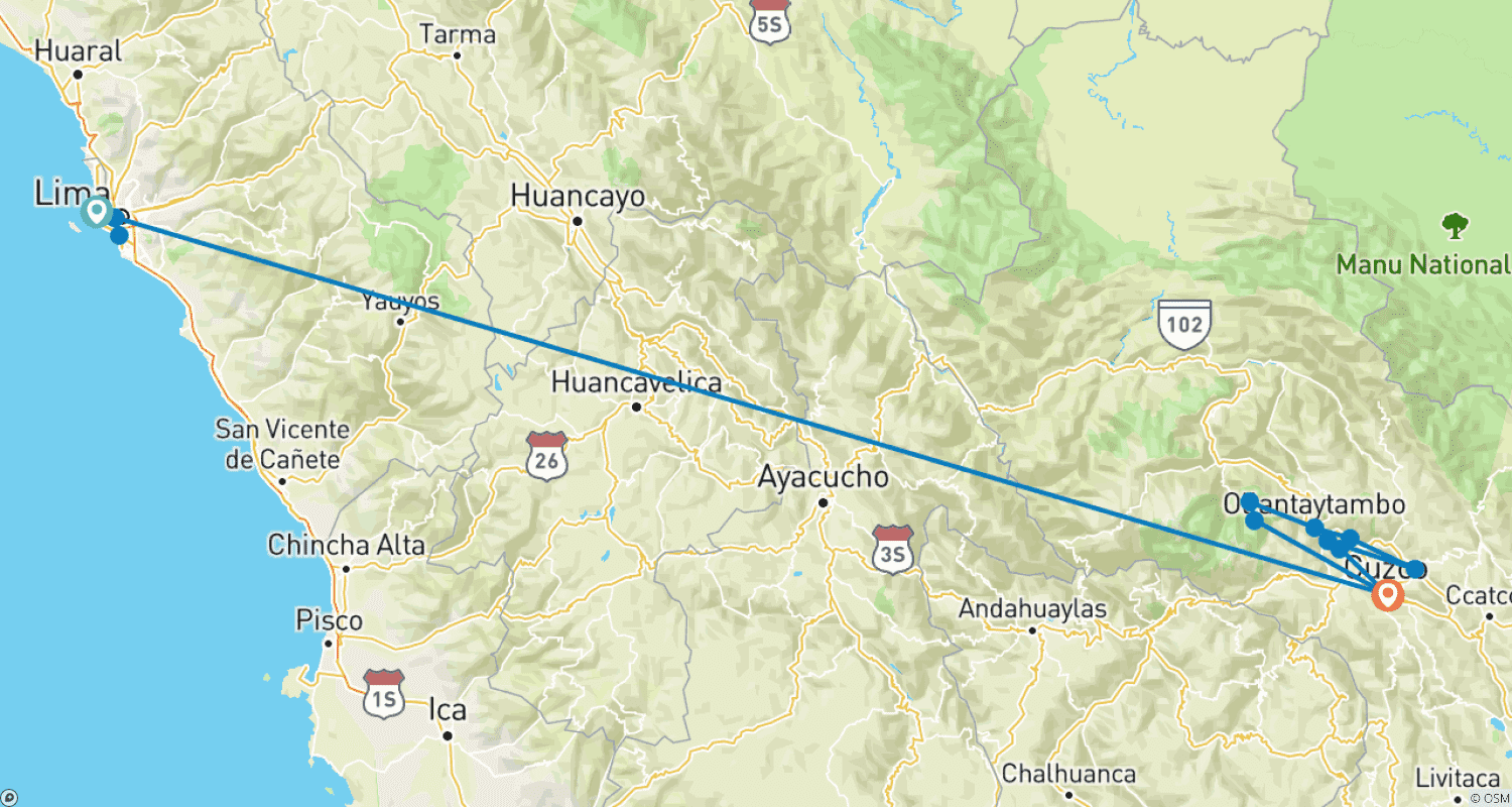 Mapa do percurso de Viagem de 7 Dias Pelas Maravilhas Peruanas