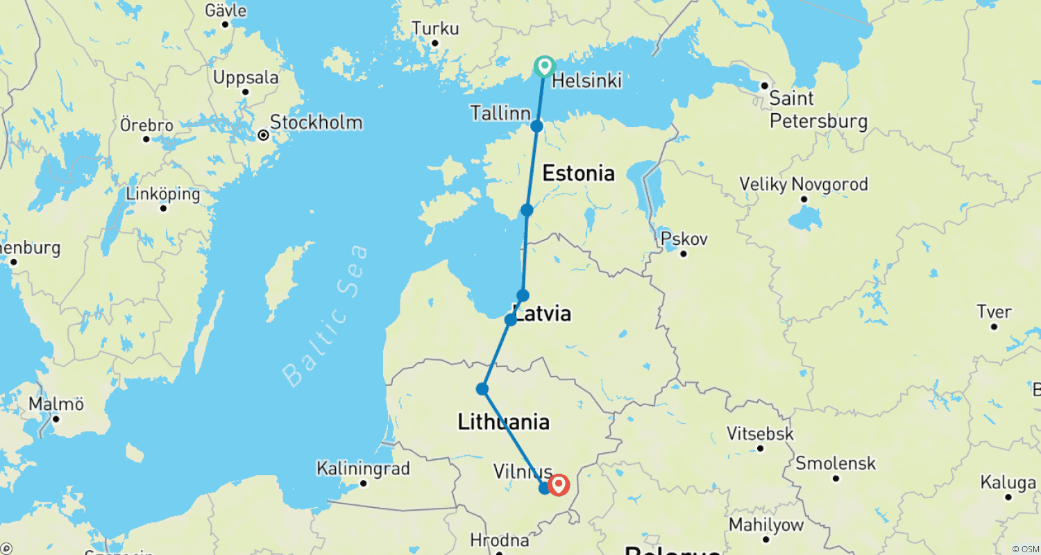 Mapa do percurso de Destaques de Helsínquia e dos Bálticos