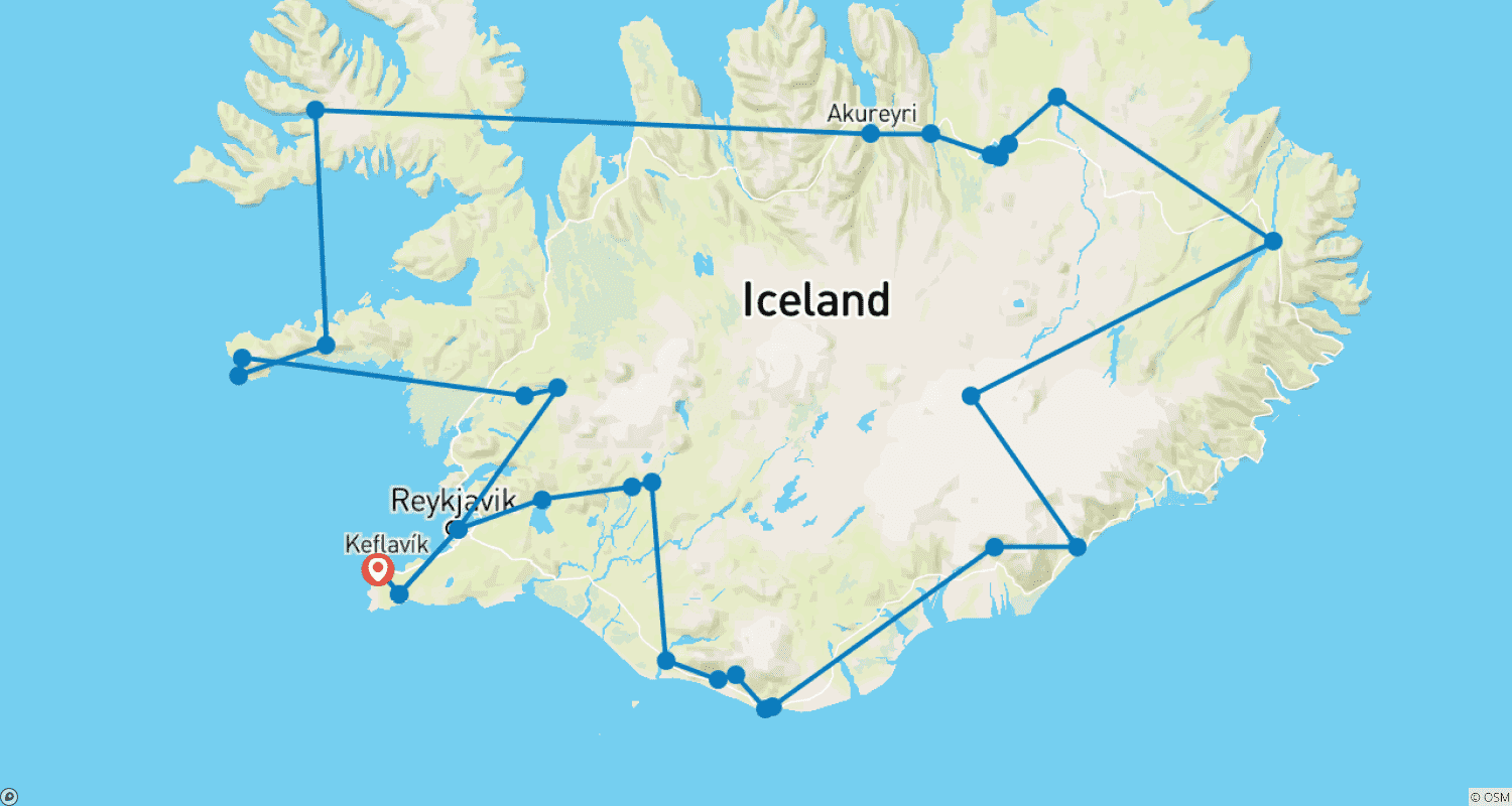 Mapa trasy: 10 dniowa kompleksowa zima na Islandii | Droga Obwodowa, Snæfellsnes, Zorza Polarna i transfer lotniskowy w obie strony (Wycieczka grupowa)