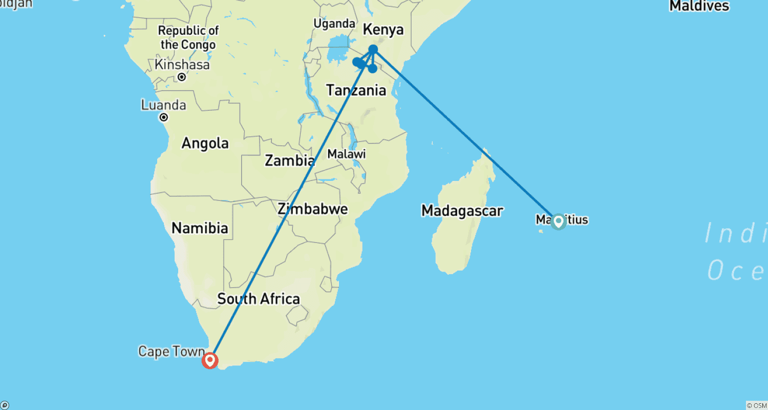 Exotic East African Adventure 7 Days/6 Nightsのルートマップ