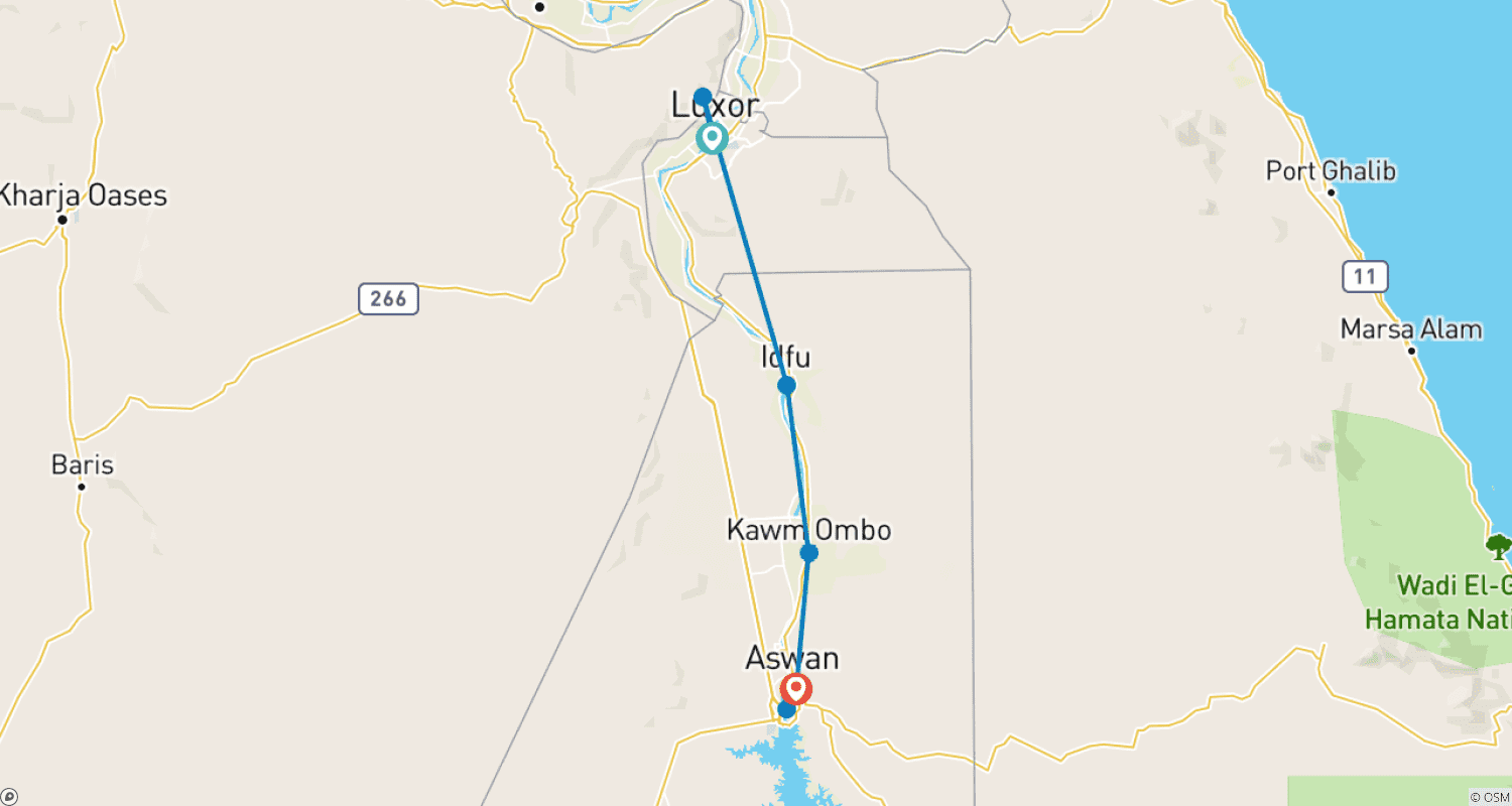 Mapa do percurso de Cruzeiro de 4 Dias no Nilo de Luxor, Edfu, Kom Ombo e Aswan com Guias Privados