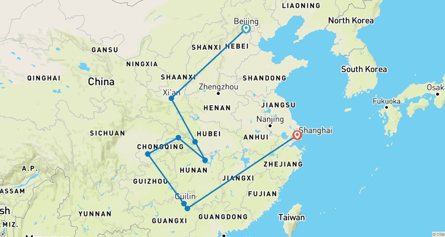 Mapa trasy: 15 Dni Chiny Cuda Górnego Jangcy: Podziwianie malowniczego piękna (prywatny przewodnik i kierowca)