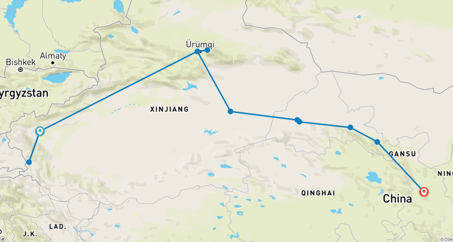 خريطة مسار Silk Road Tour from Kashgar to Lanzhou 12 Days