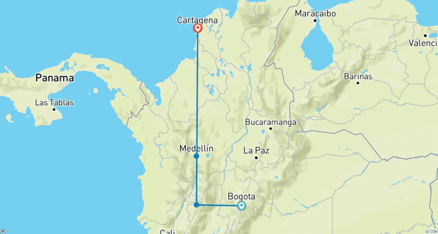 Mapa do percurso de 9 Dias na Colômbia – Tradições Cafeeiras, Paisagens Montanhosas & Tesouros Coloniais - Mochileiro