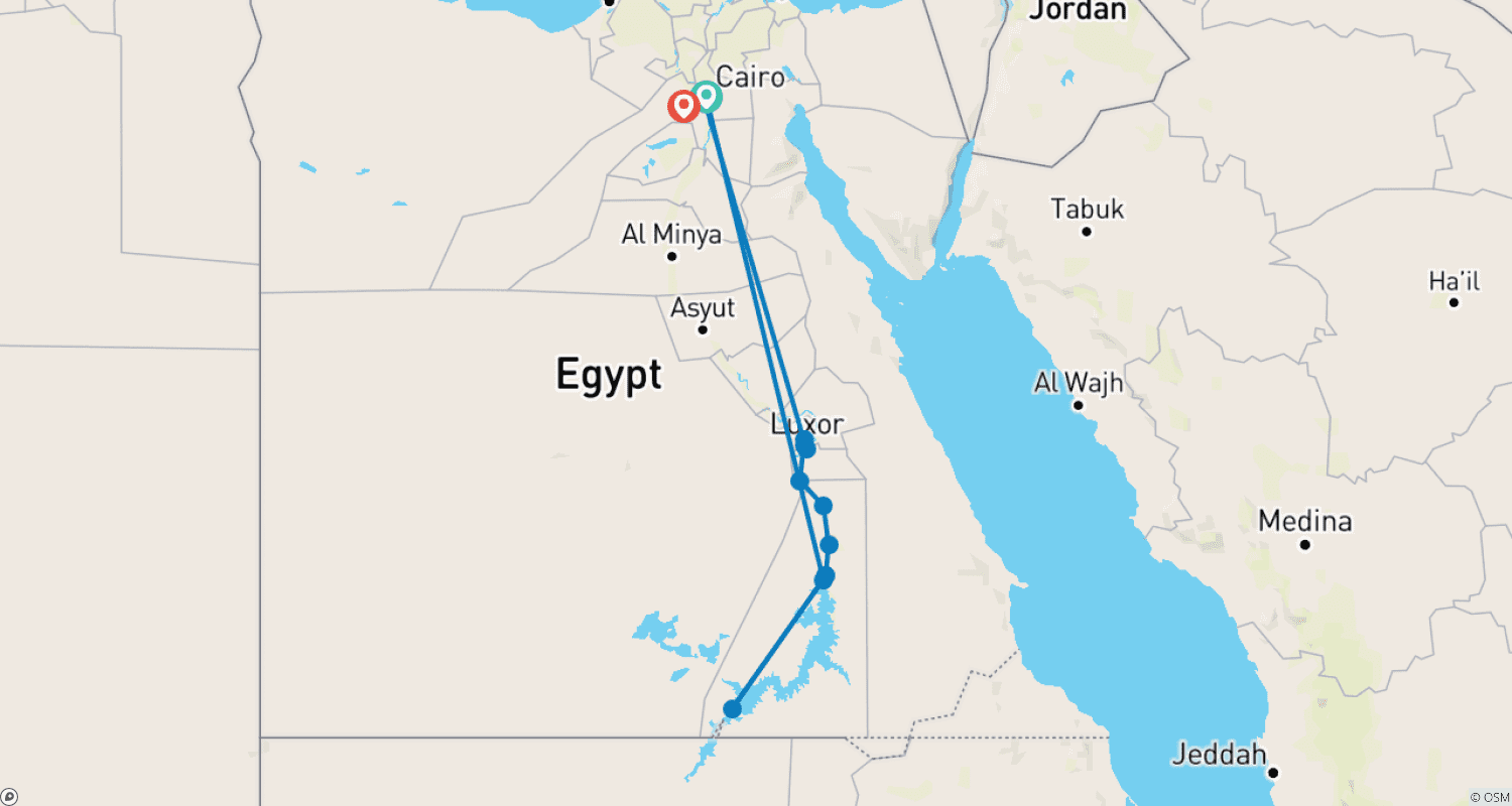 Mapa trasy: 3-dniowy rejs po Nilu z Luksoru do Asuanu i Abu Simbel pociągiem sypialnym w obie strony z Kairu