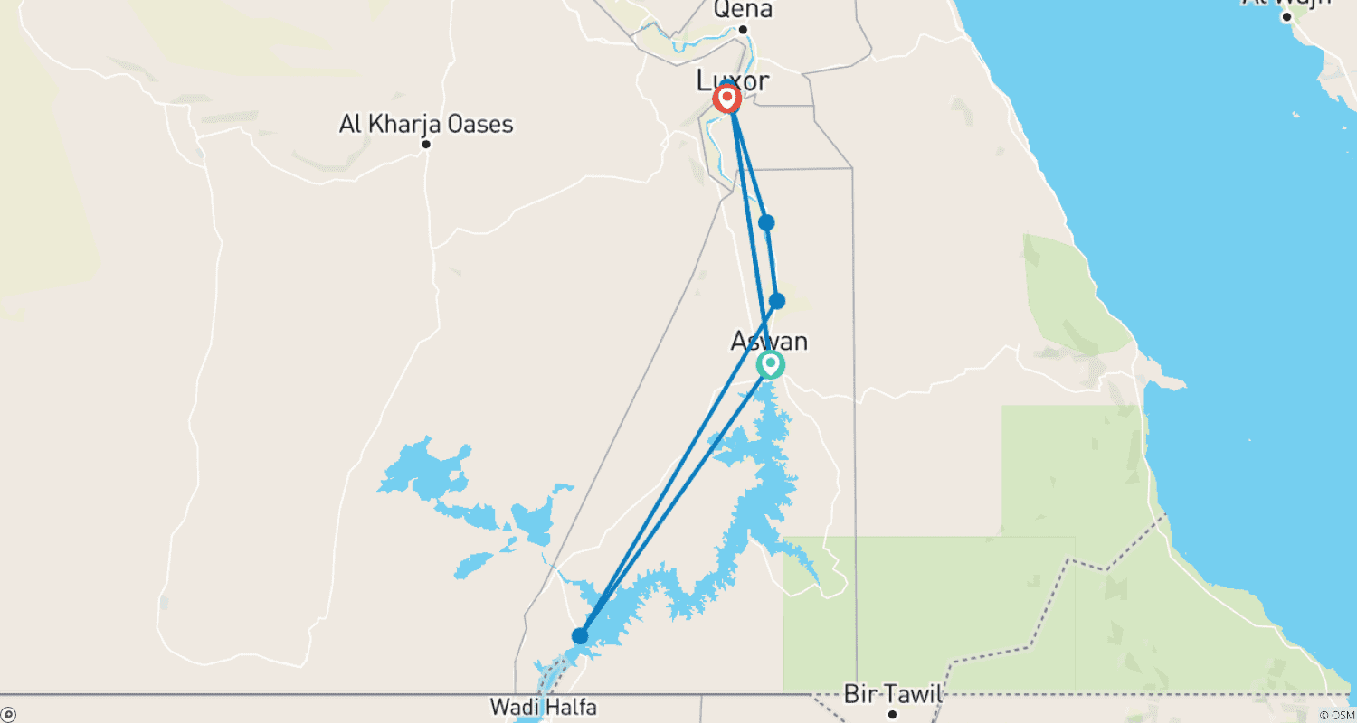 Mapa trasy: Niesamowity rejs po Nilu 2 noce z Asuanu do Luksoru, w tym wycieczki i Abu Simbel