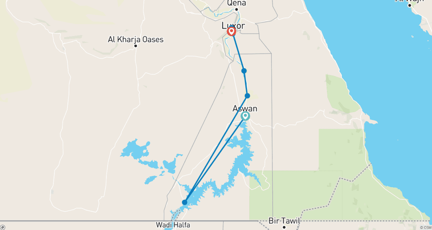 Mapa trasy: Niesamowity rejs 2 noce z Asuanu do Luksoru, z Abu Simbel i lotem balonem na ogrzane powietrze