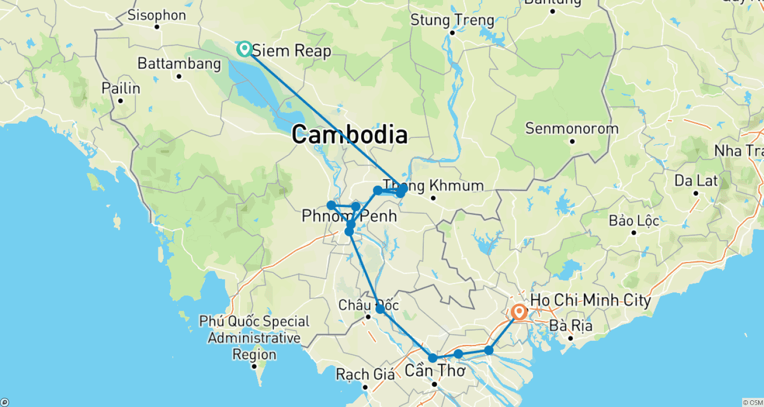 Mapa do percurso de Cruzeiro Majestoso pelo Mekong Siem Reap → Cidade de Ho Chi Minh (2026)