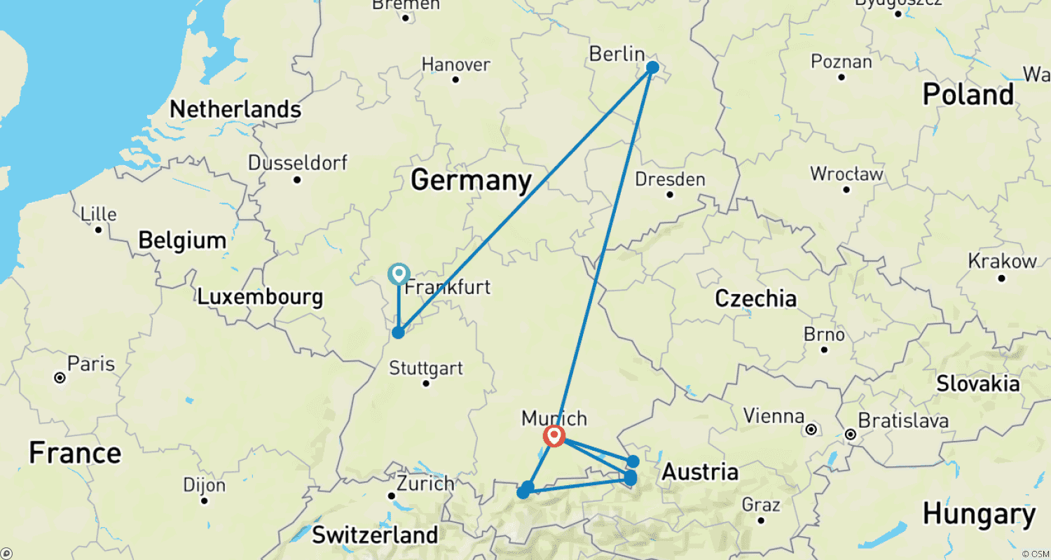 Mapa trasy: Niemcy w 9 dni – Frankfurt, Berlin i Monachium (w tym jednodniowa wycieczka do Salzburga)