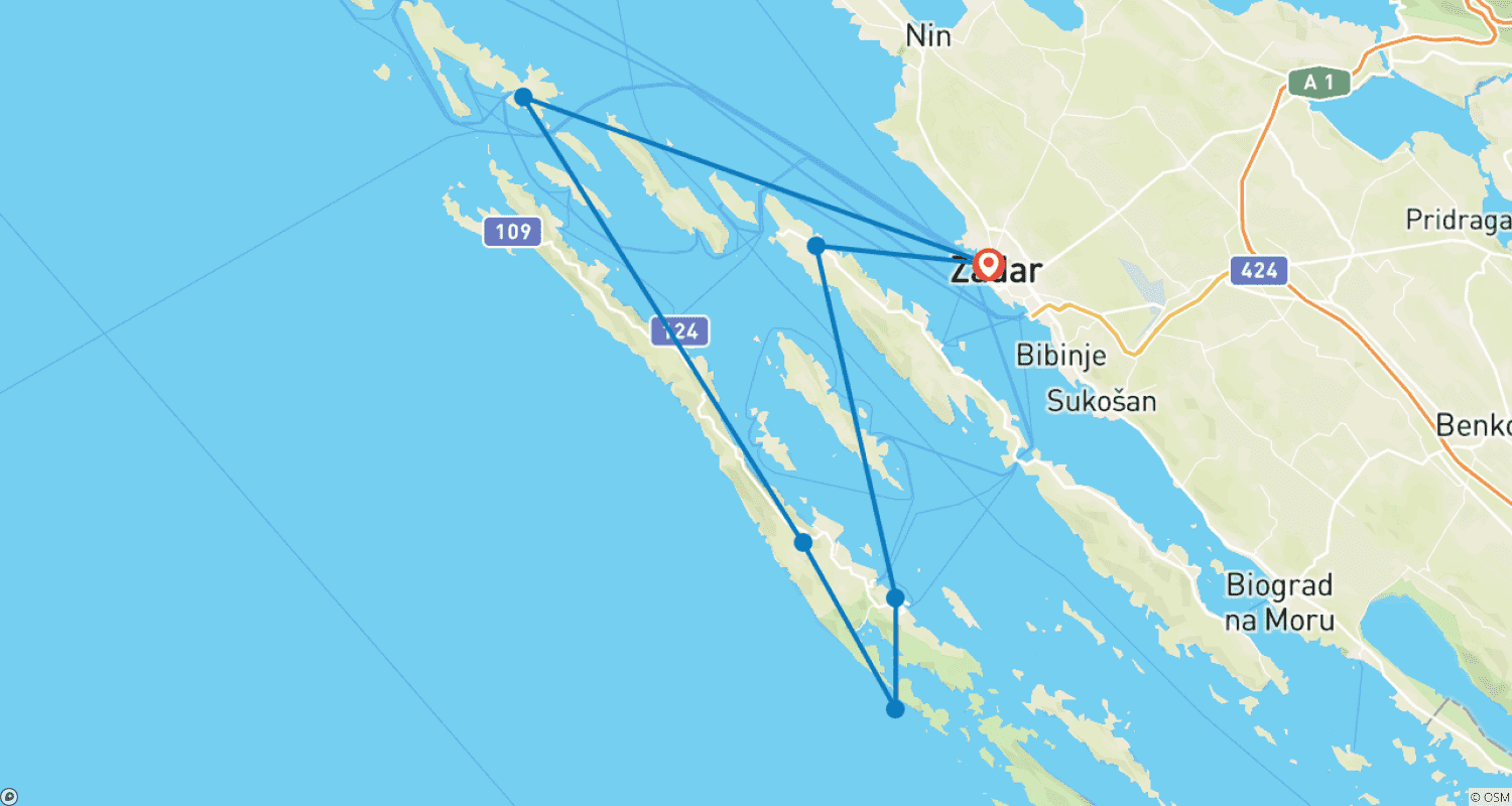 Mapa do percurso de Velejar na Croácia - Zadar e Kornati