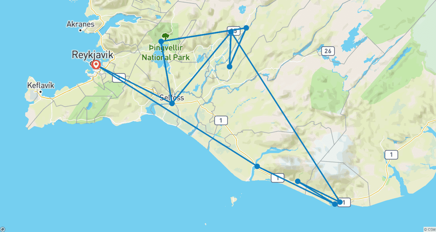 Mapa trasy: 6-dniowy city break w Reykjavíku z Golden Circle