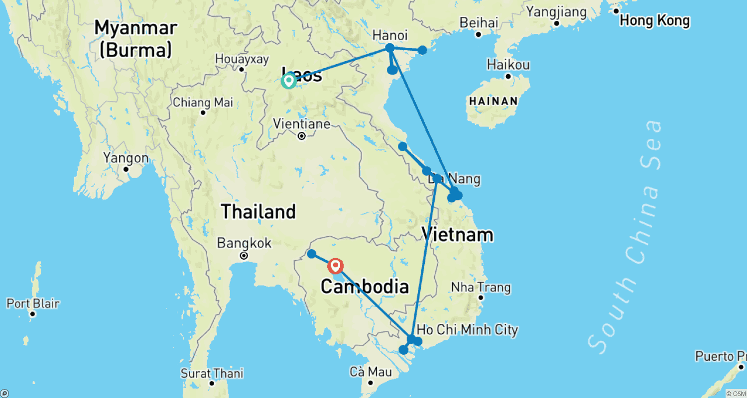 ラオス、ベトナム、カンボジアのユネスコ世界遺産を巡る18日間の旅のルートマップ