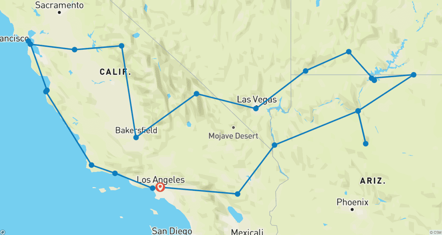 Mapa trasy: USA – wycieczka objazdowa wzdłuż zachodniego wybrzeża USA
