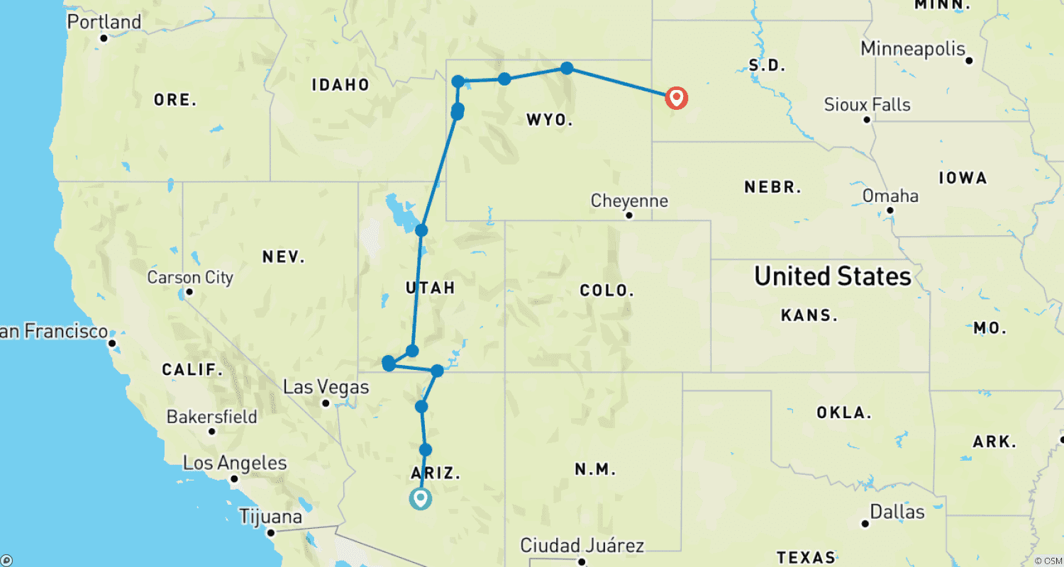 Mapa do percurso de National Parks of America  (Scottsdale, AZ to Rapid City, SD) (2026)