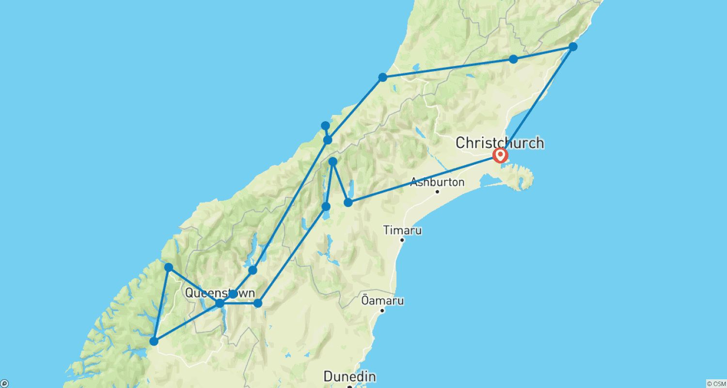 Mapa do percurso de Ilha Sul da Nova Zelândia: Alpes e Adrenalina