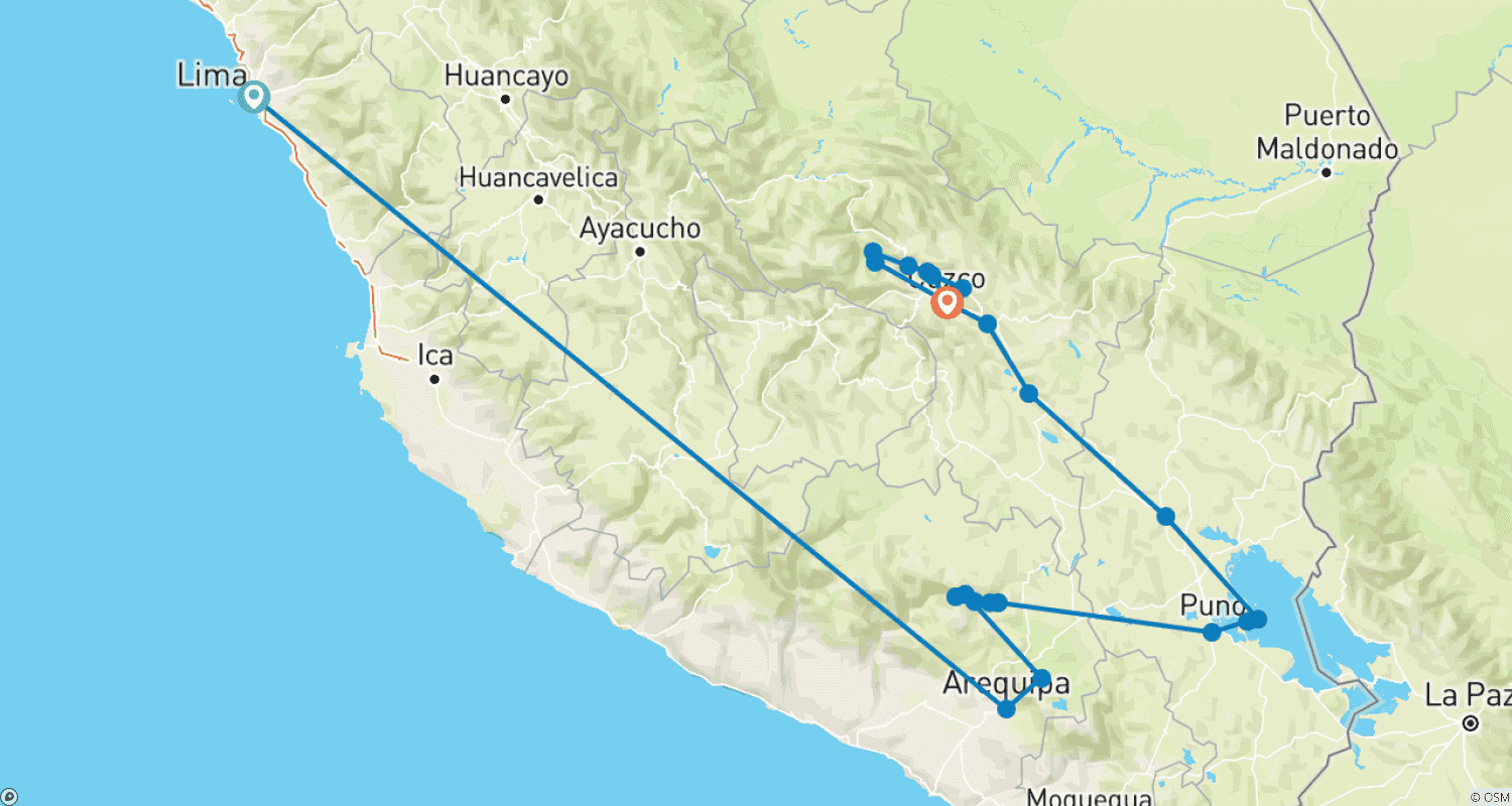 Mapa do percurso de 10 Dias de Tesouros do Sul do Peru