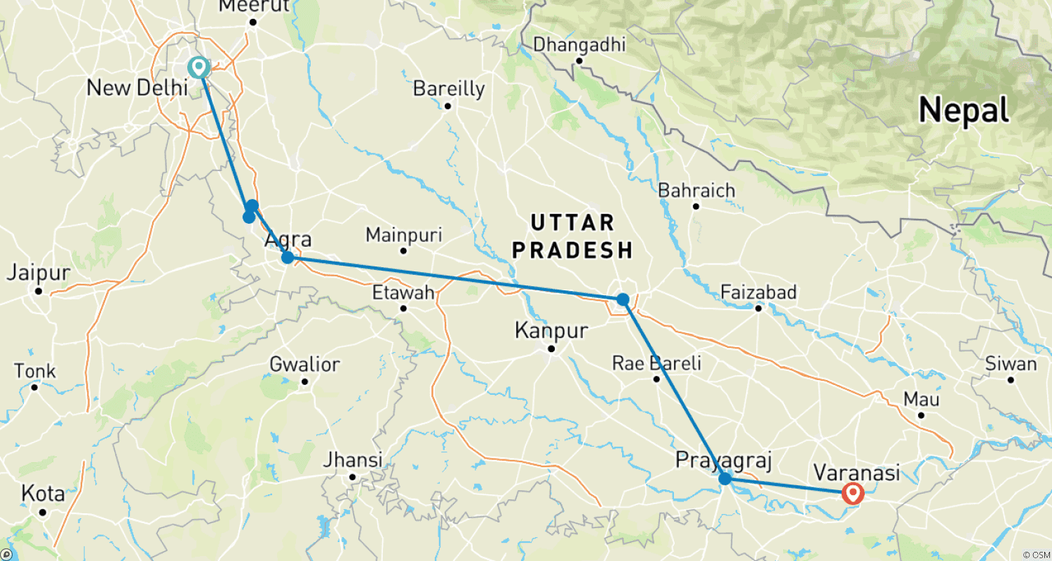 Mapa do percurso de Golden Triangle Spiritual Journey - Delhi to Varanasi via Mathura, Agra, Lucknow and Ayodhya